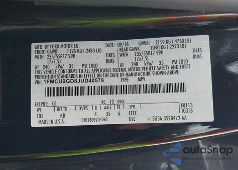 2018 Ford Escape Se z USA, uszkodzony, nr VIN 1FMCU9GD8JUD40579